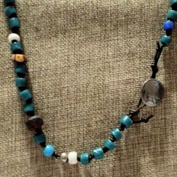 Vintage Boho Glass & Polymer Clay Beaded Necklace Leather Cord 21" - Picture 2 of 6